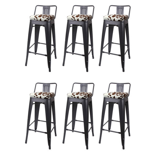 17 Stories 30Inch Brown Cow Seat Black Metal Bar Stool, set of 6 Wayfair